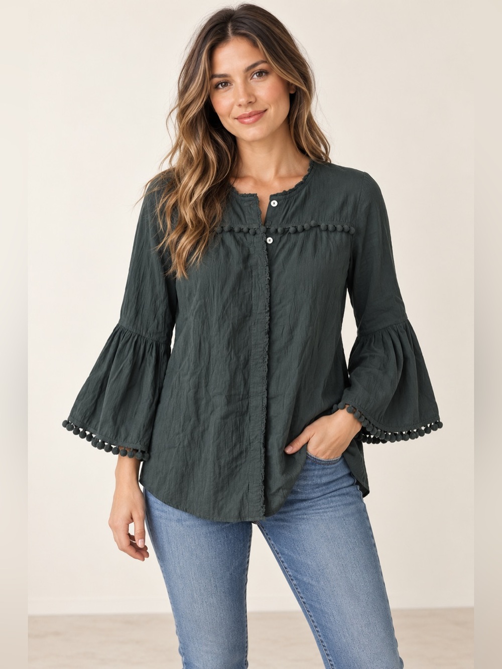 Johnny Was CALMÉ XS Olive Green Cotton Gauze Pom Pom Bell Sleeve Blouse